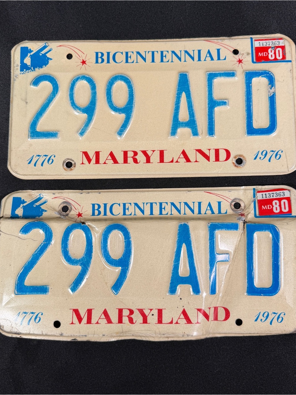 Vintage Maryland Bicentennial License Plate Pair - Cream & Blue